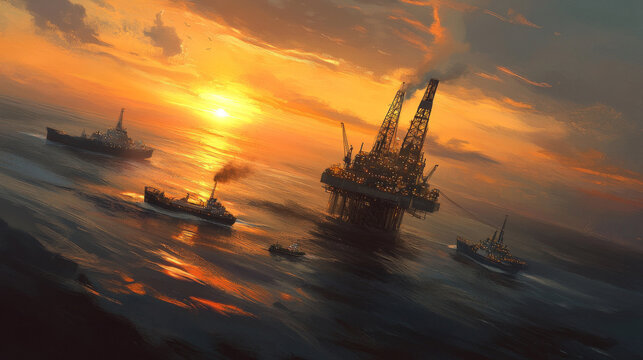 Aerial view offshore jack up rig at the offshore location during sunset with supply vessels and CPP