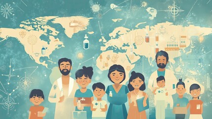 multicultural composition showing healthcare workers, parents, children representing different ethnicities, all connected by visual elements symbolizing vaccination , disease prevention, illustration