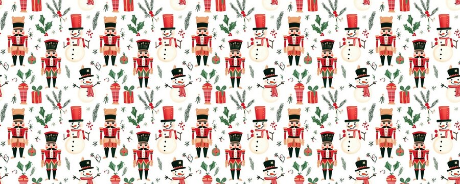 seamless pattern of Christmas  nutcrackers snowmen red green festive winter holiday 
