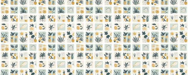 seamless pattern of Tropical summer pattern mustard yellow teal blue plants pineapples joyful beach vacation 