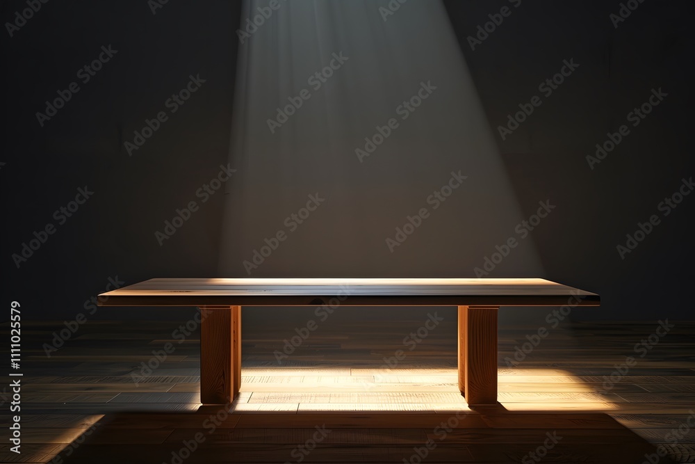 Poster Minimalist wooden table illuminated by soft rays of light in a dimly lit room, creating a serene and contemplative atmosphere for interior design imagery