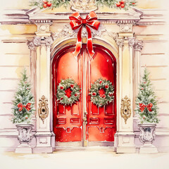 Fototapeta premium Festive Red Door Decoration with Wreaths for Holiday Season