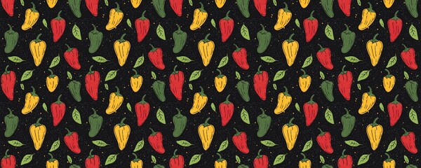 seamless pattern of Vibrant red yellow peppers black background textured hand drawn food pattern autumn harvest 