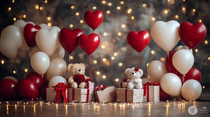Romantic valentine's day celebration with heart-shaped balloons and gift boxes