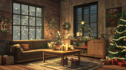 Aesthetic composition of christmas living room interior with wooden console, christmas gifts, candle with candlestick, christmas tree, and personal accessories. Home decor. Template.