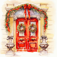 Obraz premium Festive Red Door with Wreaths and Christmas Decorations in Winter
