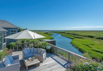 Fototapeta premium Scenic Outdoor Lounge Area Overlooking Calm River and Lush Green Marsh, with Bright Blue Sky and Inviting Sun Shade for Relaxation and Enjoyment