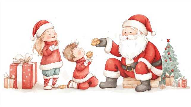 Santa shares cookies with joyful children.