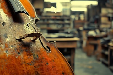 Masterful craftsmanship of string instruments in a luthier's workshop, highlighting violins, their intricate details, and the artistry behind the making and repairing process