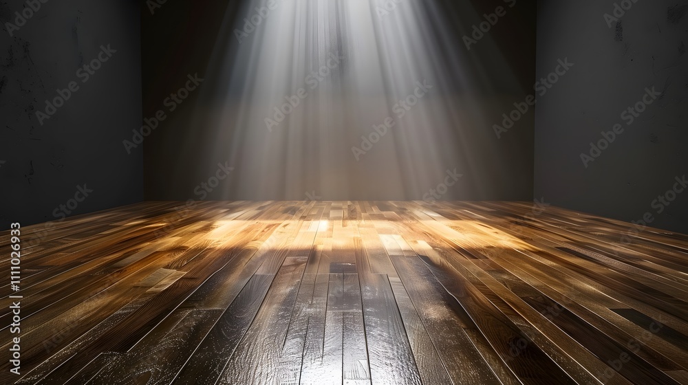 Aufkleber bright spotlight illuminating wooden floor in empty room with dark walls and soft beams of light cas