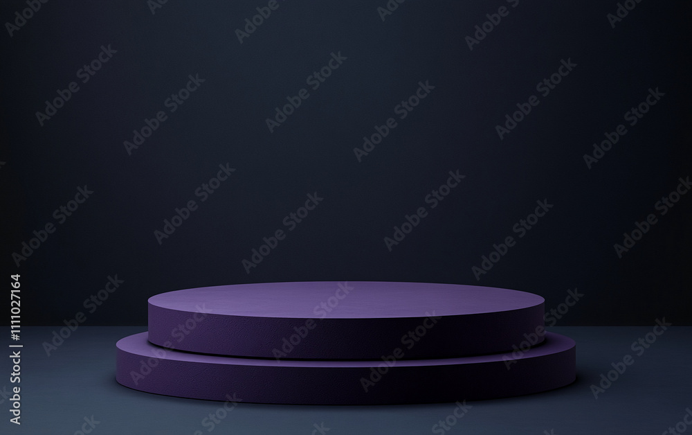 Aufkleber Layered circular platforms in a dark studio environment illuminated with soft purple light during a creative design showcase