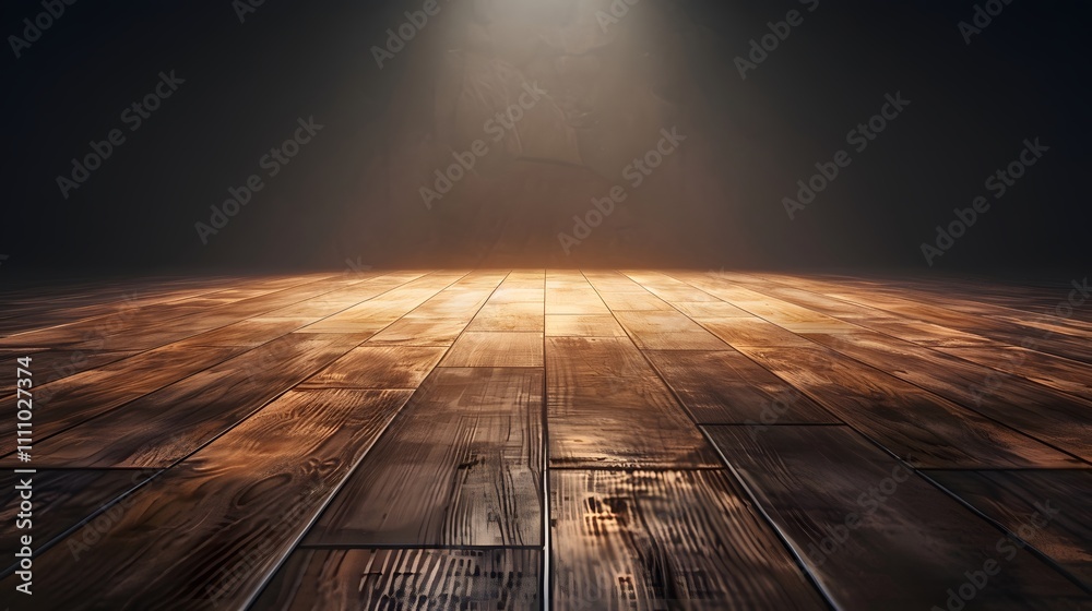 Poster Warm Wooden Floor Under Spotlight in Dark Background Creating a Cozy and Inviting Atmosphere for Various Creative Projects and Artistic Expressions