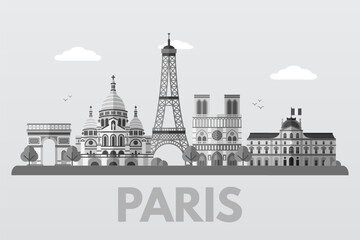 Fototapeta premium Paris landmarks. France capital skyline background for postcard, banner, poster. Paris cityscape. French world famous architectural sightseeing. Graphic flat vector illustration in white-gray colors.