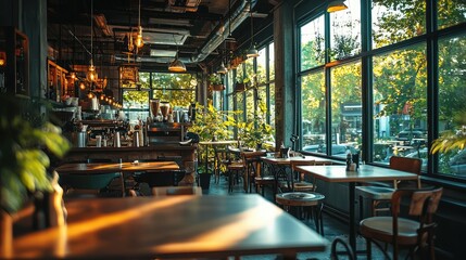 Naklejka premium Cozy Urban Café Interior with Warm Lighting and Lush Greenery, Featuring Wooden Tables, Industrial Decor, and Inviting Atmosphere for Relaxation and Socialization
