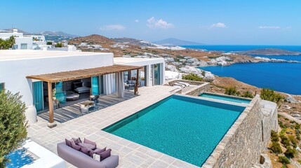 Fototapeta premium A stunning luxury mediterranean villa featuring a sleek modern design, expansive outdoor pool, and stylish lounge surrounded by pristine waters and clear skies