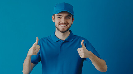 Naklejka premium Handsome delivery man in blue uniform showing thumbs up on a blue background