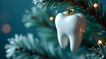 Christmas ornament in the shape of a tooth hanging on a pine tree branch. Dental holiday concept. 