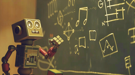 Fototapeta premium A robot writes formulas on a blackboard with floating equations, showcasing AI and machine learning, allowing the robot to grow smarter through active learning, enhancing its intelligence.
