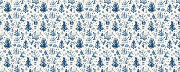 seamless pattern of Blue winter   Christmas trees, snowflakes, navy blue and cream, watercolor style, festive cheer 