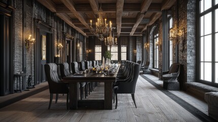 Fototapeta premium Luxurious Medieval Dining Room with Oak Table Set for Feast in Modern Interior Design, Ultra-Detailed Photorealistic Image