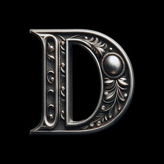 Old silver font design, alphabet letter D with metal texture and decorative floral pattern isolated on black background, luxury and jewelry concepts.
