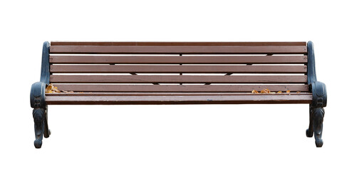 A wooden bench with black legs sits on a white background