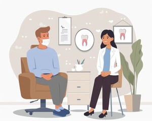A dental consultation scene featuring a patient and a dentist in an office, discussing oral health with dental charts in the background.