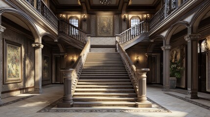 Obraz premium Modern-Medieval Fusion: Grand Staircase in Ultra-Detailed Interior Design with Mix of Styles and Artistic DÃ©cor