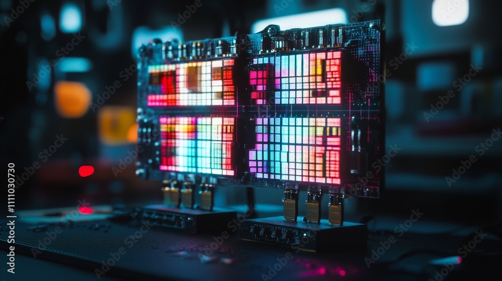 Aufkleber a vibrant digital display setup showcasing colorful patterns and light in a tech environment.