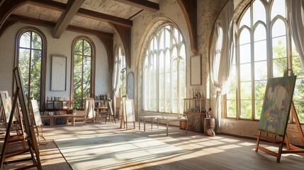 Fototapeta premium Fusion of Modern and Medieval: Art Studio with High Ceilings, Large Windows, and Mix of Easels and Antique Furniture, Inspiring Interior Design, Photorealistic Image