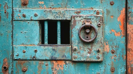 A Close-Up View of a Vintage Rusty Metallic Door with a Lock and Small Windows, Depicting Texture and Age on a Weathered Surface in Urban Setting
