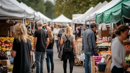 Fototapeta premium A bustling farmers' market with various stalls and people shopping for fresh produce.