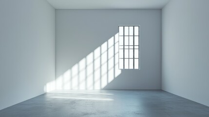 Fototapeta premium Bright and Minimalist Interior Space with Window Casting Light Stripes on Concrete Floor, Ideal for Displaying Inspiration and Creative Designs
