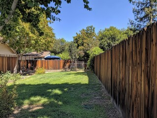 Serene Backyard Scene with Lush Grass, Tall Wooden Fence, and Clear Blue Sky in a Calm Suburban Neighborhood Setting Ideal for Relaxation and Outdoor Activities