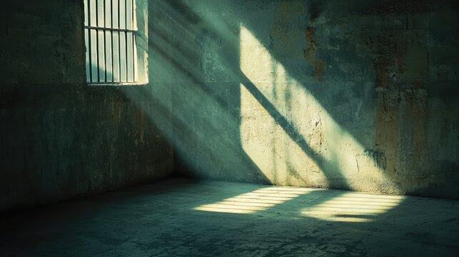 Abandoned Room with Sunlight Streaming Through a Window, Highlighting Shadows on the Wall, Evoking a Sense of Isolation and Calm in a Grimey Environment