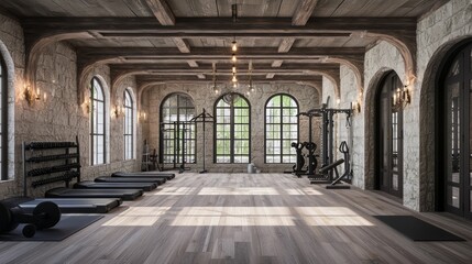 Modern-Medieval Fusion Gym: Stone Walls & Wooden Accents for Unique Workout Atmosphere