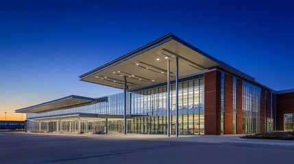 Fototapeta premium Modern architectural building with large glass facade and sleek design at twilight.