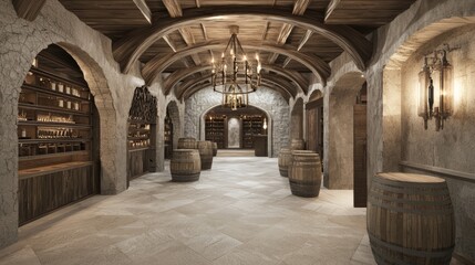 Obraz premium Fusion of Modern and Medieval: Rustic Wine Cellar with Innovative Storage and Timeless Decor
