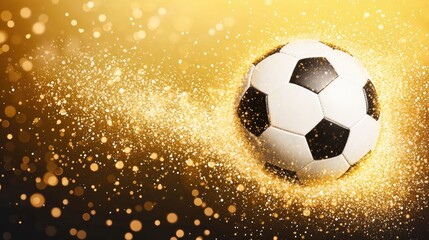 Fototapeta premium Dynamic Soccer Ball in Motion with Sparkling Golden Background