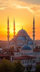 Obraz premium Beautiful view of gorgeous historical Suleymaniye Mosque, Rustem Pasa Mosque and buildings in front of dramatic sunset. Istanbul most popular tourism destination of Turkey. Travel Turkey concept.