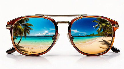 A pair of sharp sunglasses reflecting a tropical beach, isolated on a white background