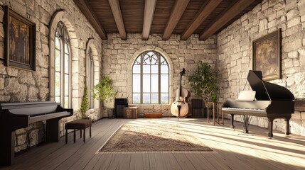 Modern-Medieval Inspirational Music Room with Stone Walls and Instruments for Creative Musicians | Ultra-Detailed Interior Design