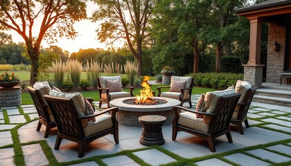 Obraz premium Wooden patio furniture with a table and chairs rests under a shady tree in a lush green garden