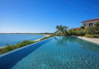 Fototapeta premium Serene Infinity Pool Overlooking Vast Ocean with Clear Blue Sky and Lush Greenery in a Luxurious Coastal Retreat Setting