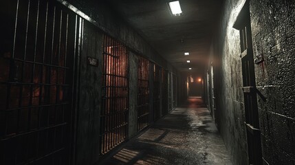 Dark and Gloomy Prison Corridor with Bars and Shadows, Cinematic Lighting Effects, Ideal for Crime and Mystery Themes, Haunting Atmosphere for Film or Graphic Projects
