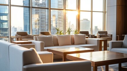 Fototapeta premium Modern Urban Lounge with Stylish Furniture Bathed in Natural Light Overlooking City Skyline at Sunset, Perfect for Relaxation or Business Meetings
