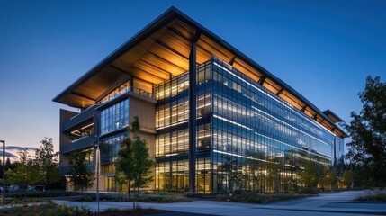 Obraz premium Modern Office Building at Dusk: Architectural Marvel in the Northwest