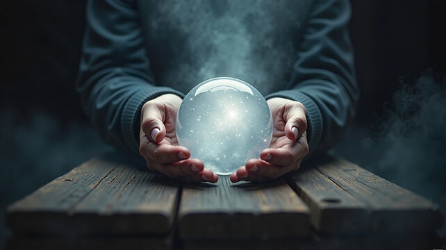 Hands holding a misty crystal ball in a dark and mysterious setting