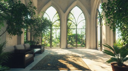 Obraz premium Modern-Medieval Garden Room Oasis with Glass Doors, Peaceful Indoor-Outdoor Atmosphere, Photorealistic Design