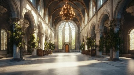 Naklejka premium Fusion of Time: Grand Foyer with Modern-Medieval Interior Design and Breathtaking Chandelier